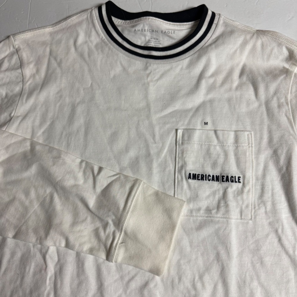 American Eagle Mens White Long Sleeve Ringer Pocket T-Shirt Size M